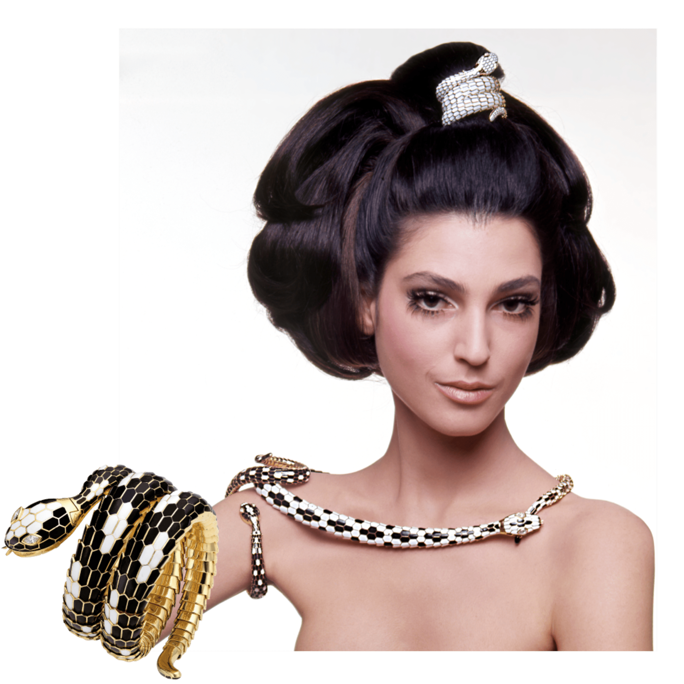 Serpenti necklace of a heritage collection in yellow gold and diamonds around the neck of a model.