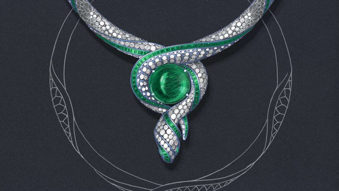 Sketch of The Terra Mater Serpenti High Jewellery necklace with emeralds and diamonds, close-up.