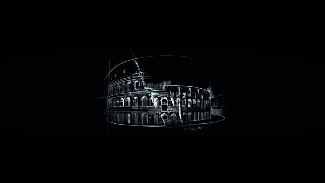 White on black sketch of Rome's Colosseum, the landmark that inspired the B.zero1 ring.