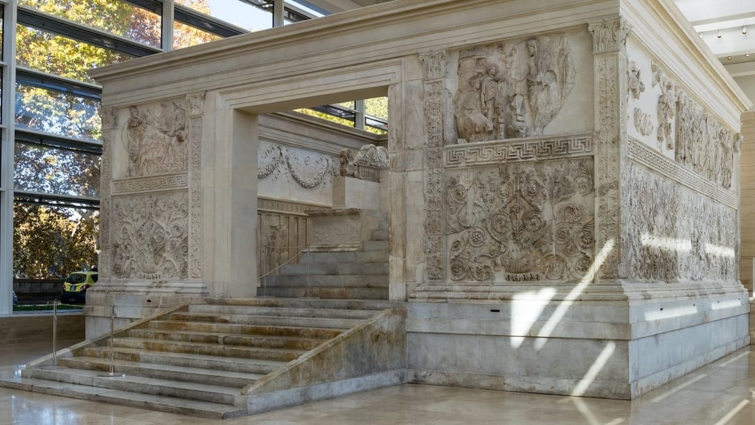 View of the Ara Pacis in Rome whose sustainable relamping has been funded by Bulgari.
