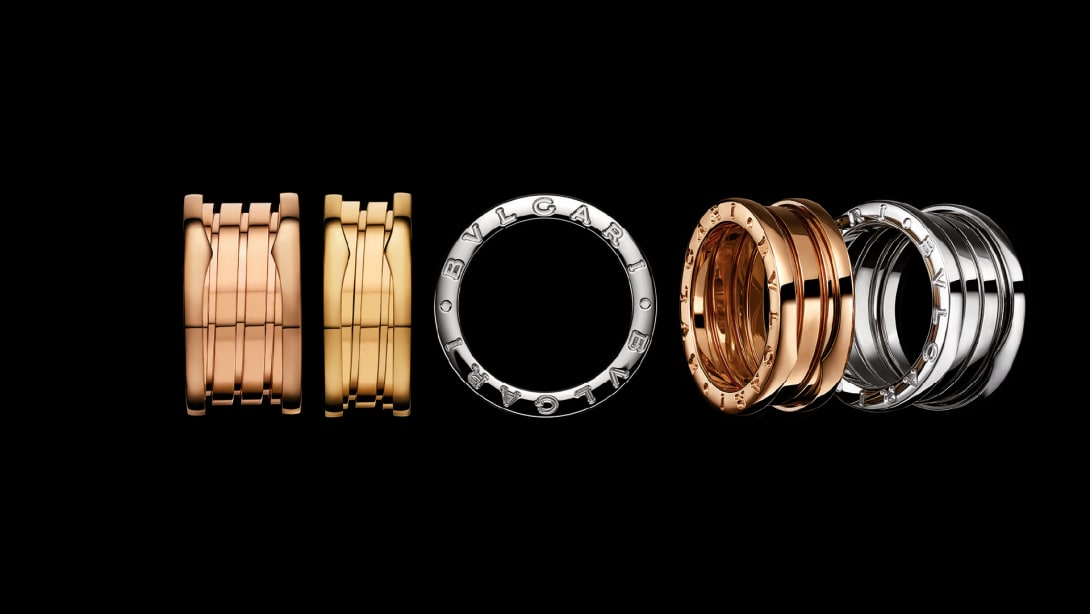 B.zero1 rings in yellow, rose and white gold with two and three bands. Creative shot.