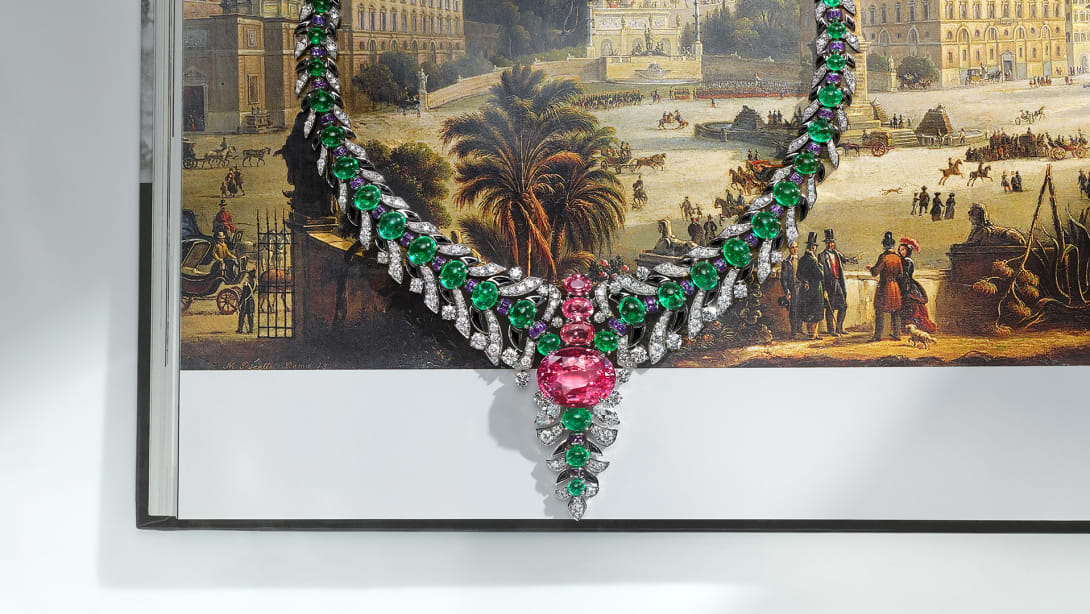 Secret Garden High Jewellery platinum necklace set with a Padparadscha sapphire, emeralds and diamonds.