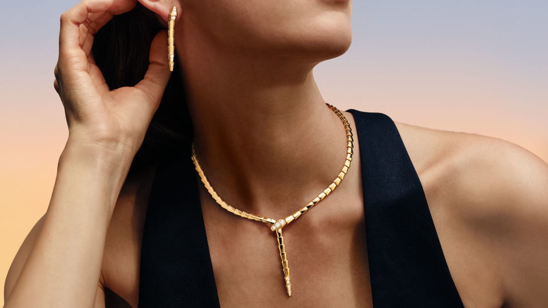Model wearing Serpenti jewellery, Magnificent Icons campaign.