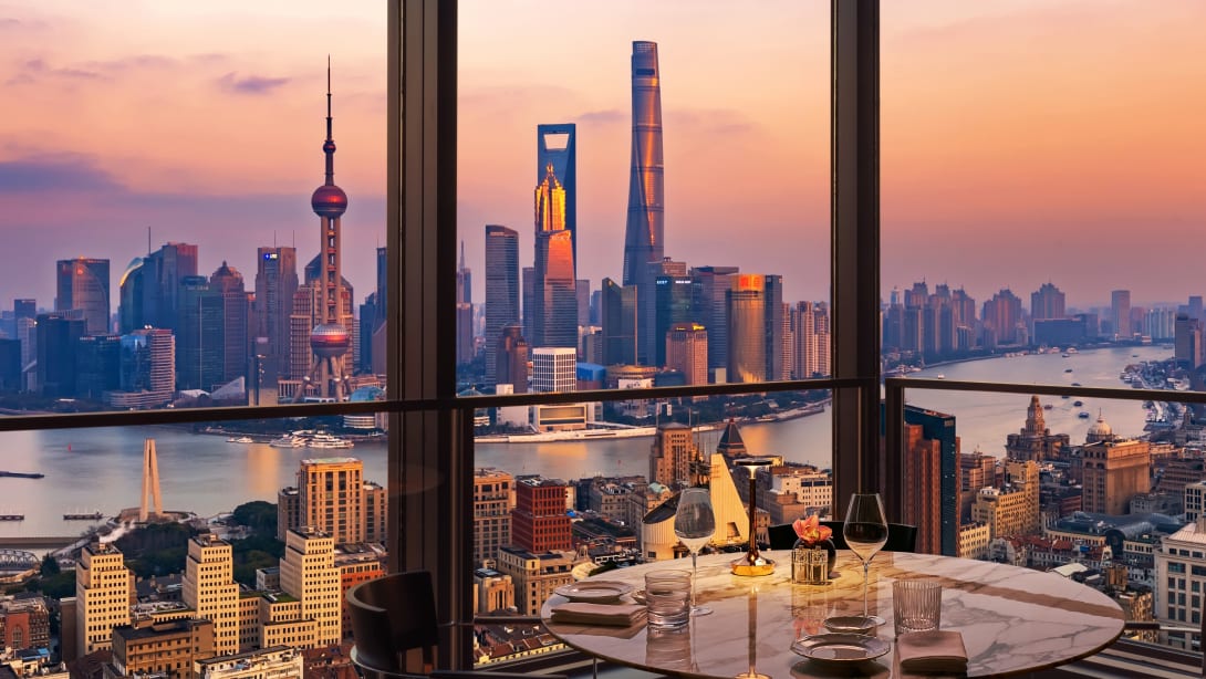 View of the Shanghai skyline from Bvlgari Hotel Shanghai.