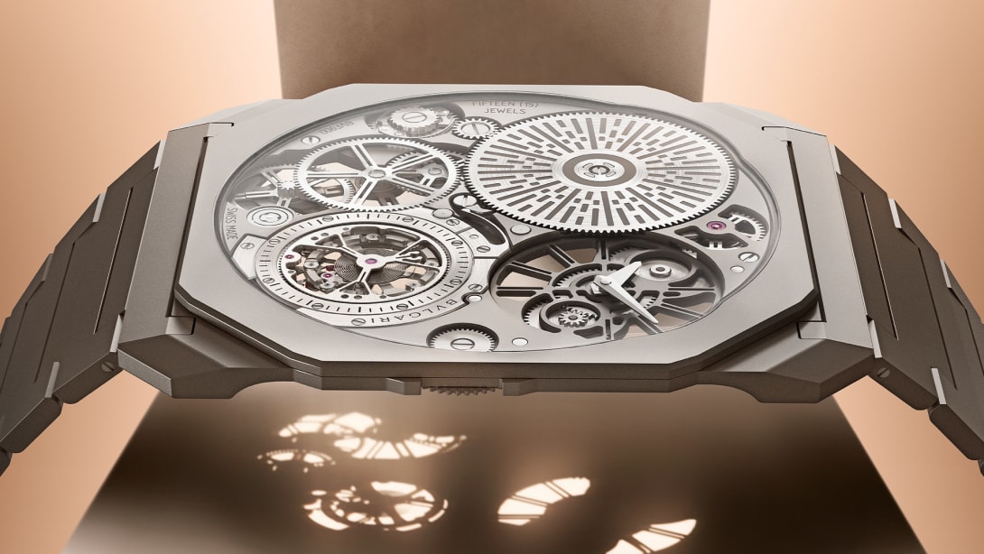 The record-breaking Bvlgari Octo Finissimo Ultra Tourbillon titanium watch with skeletonized dial.