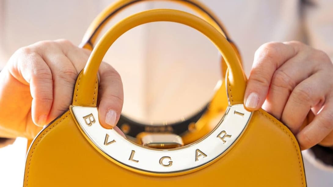 Close up on a Bvlgari Bvlgari bag in production