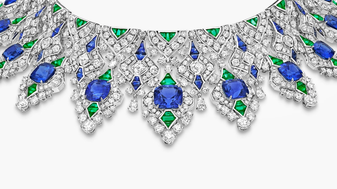 The Sapphire Brocade High Jewellery necklace with cushion sapphires, emeralds and diamonds, full view.