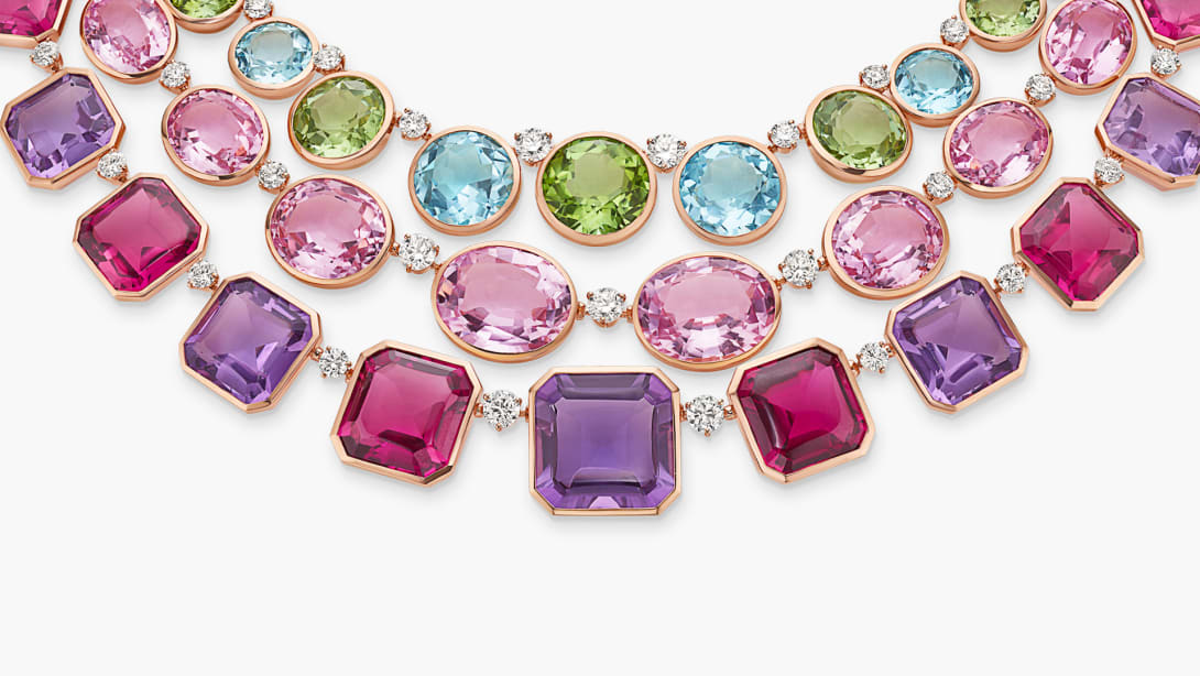 The Earth Song High Jewellery necklace with pink tourmaline, amethyst, kunzite, and round-cut diamonds, full view.