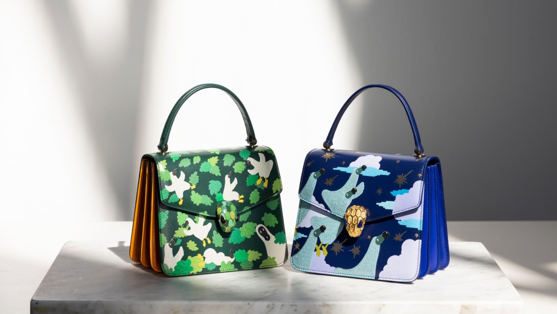 Serpenti Forever Top Handle bags in green and blue calf leather, designed by artist Sunwoo Kim.