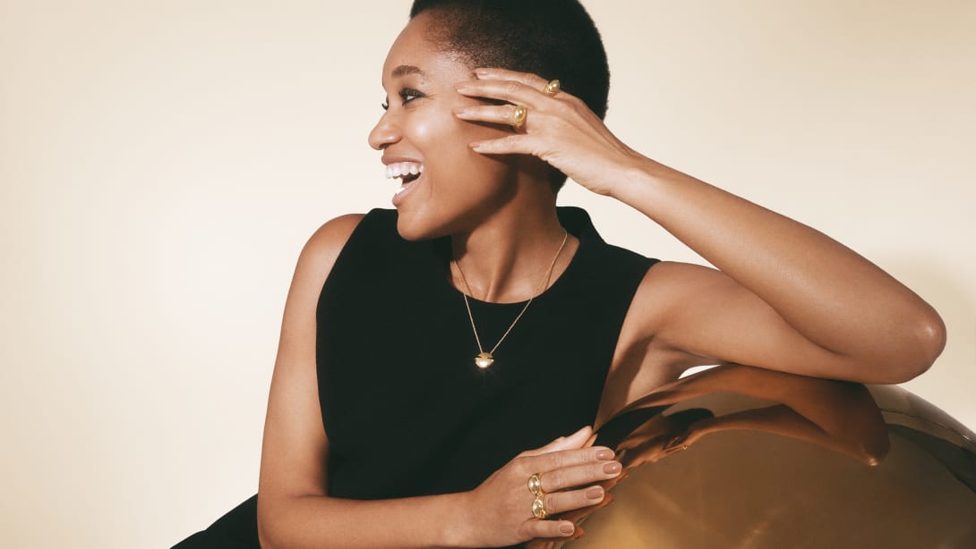 Model wearing Bvlgari Cabochon jewels.