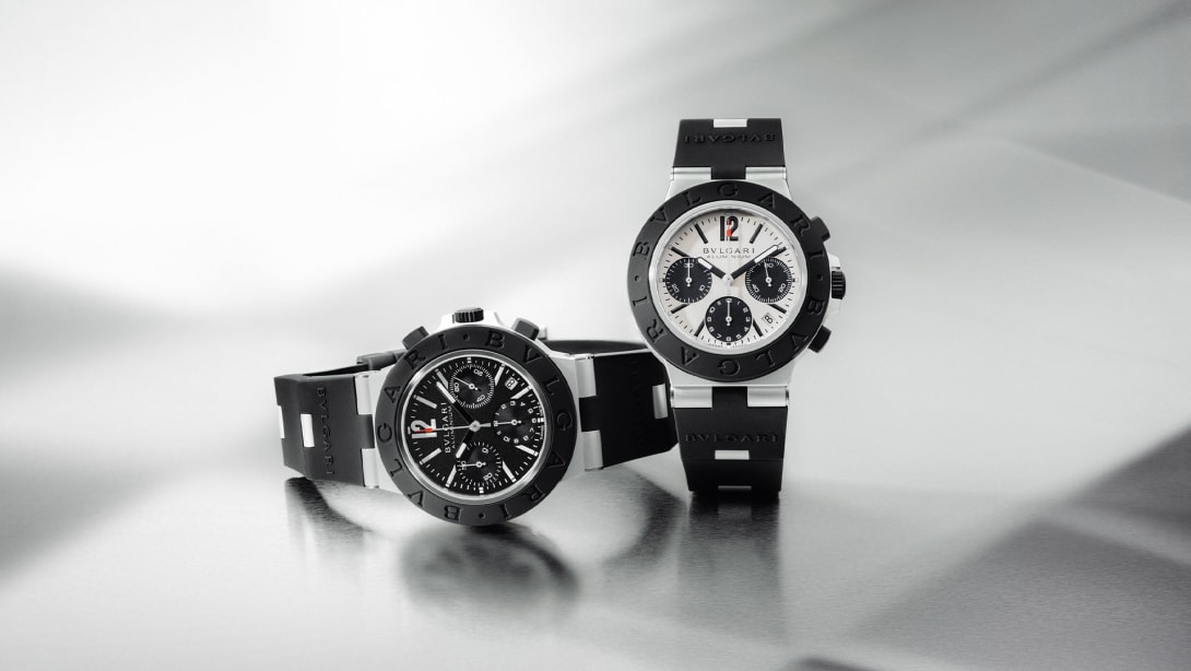 Bvlgari Aluminium Chronograph watches in aluminium with black dial.