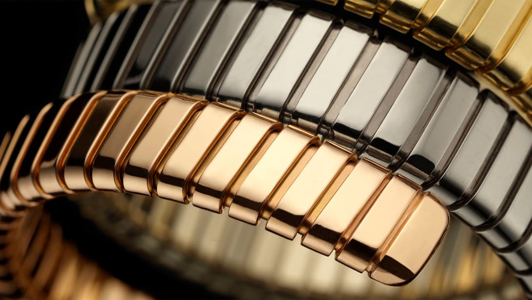 Close up of the rose, white and yellow gold Tubogas coils of a Bulgari creation.