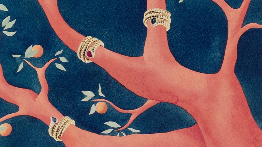 Bulgari vintage advertising campaign depicting an apple tree with Serpenti gold rings around the branches.