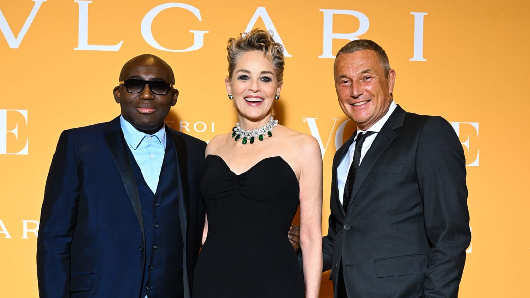 Edward Enninful, Sharon Stone and Jean Christophe Babin at the Bulgari Aurora Awards.