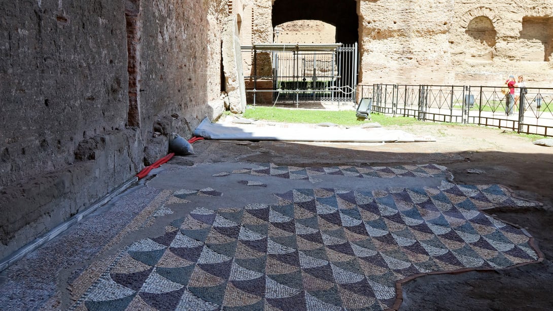Floor fan-shaped mosaic at the Roman Caracalla Baths whose restauration has been funded by Bulgari.
