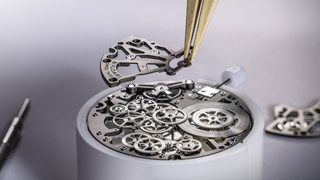 Making of an in-house Bulgari manufacture watch movement, close up.