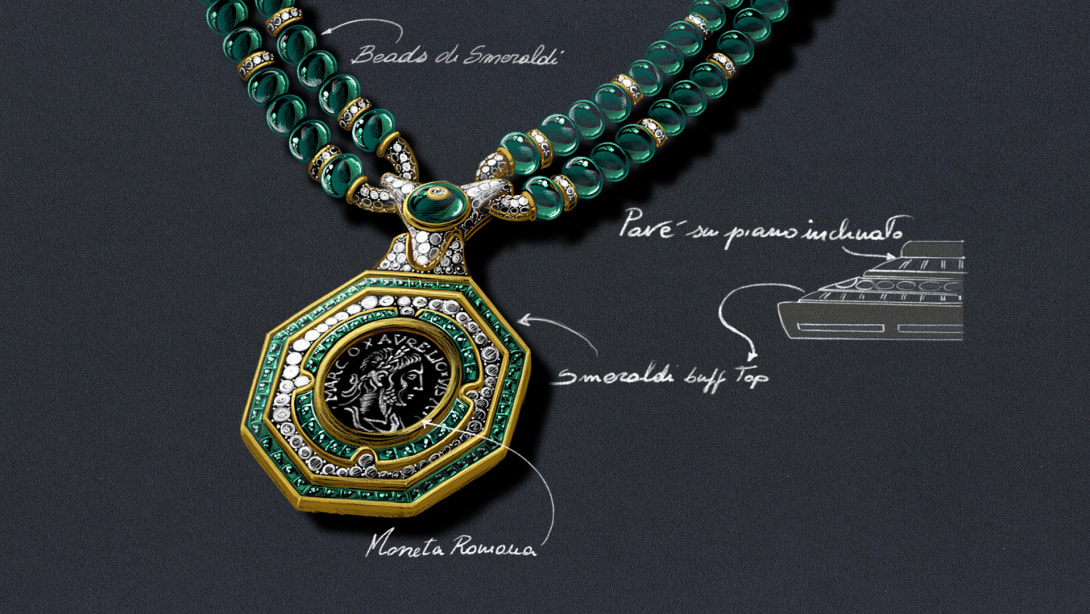 Sketch of The Augustus Aeternus Emerald Monete High Jewellery sautoir with a rare bronze coin, emeralds and diamonds, close-up.
