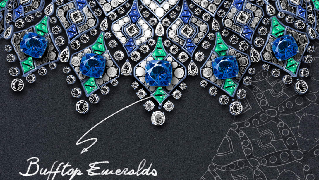 Sketch of The Sapphire Brocade High Jewellery necklace with cushion sapphires, emeralds and diamonds, close-up.