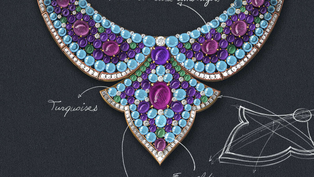 The Bvlgari Lotus Cabochon High Jewellery necklace with rubellite, emerald, turquoise and amethyst cabochon, close-up.