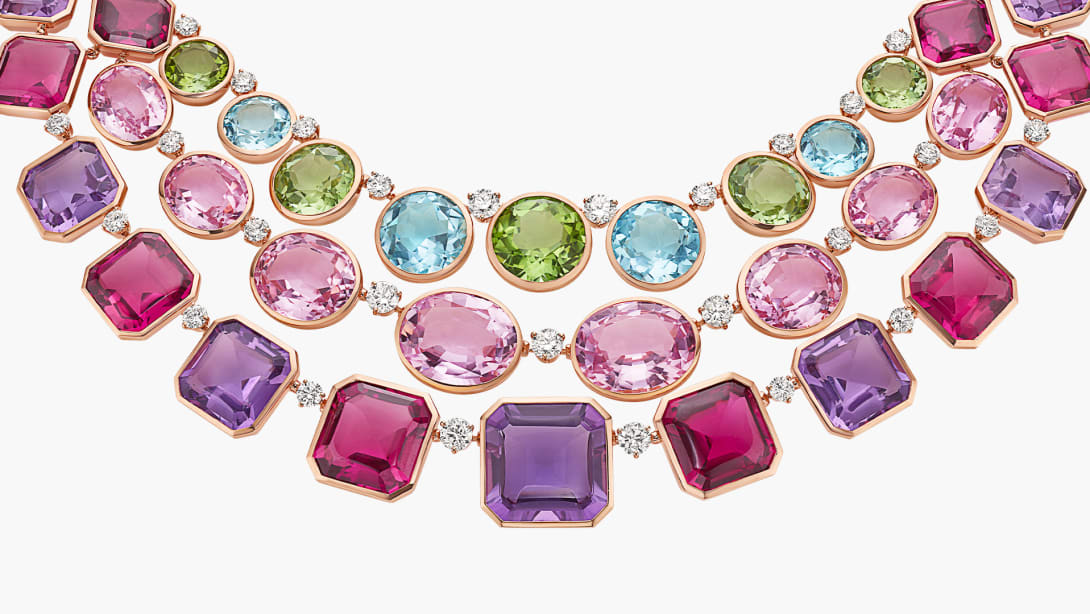 The Earth Song High Jewellery necklace with pink tourmaline, amethyst, kunzite and round-cut diamonds, close-up.