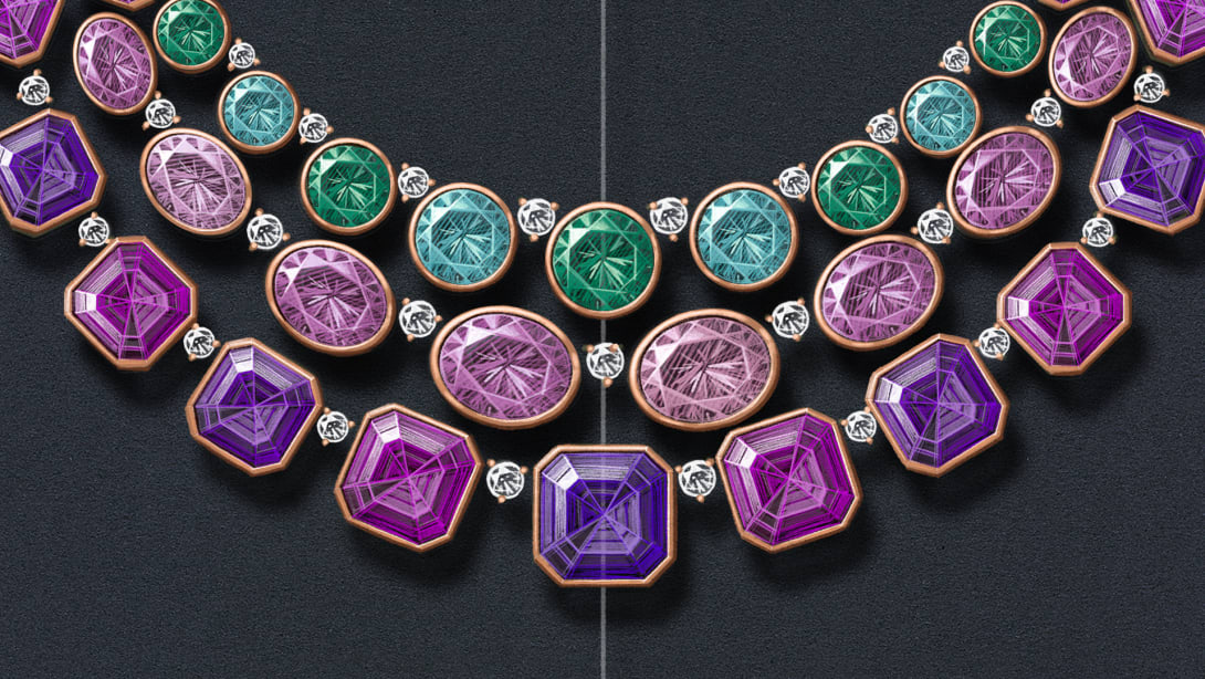 Sketch of The Earth Song High Jewellery necklace with pink tourmaline, amethyst, kunzite and round-cut diamonds, close-up.
