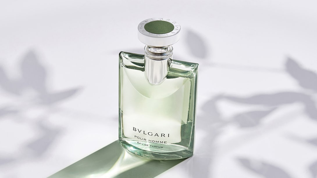 Creative shot of the Bvlgari Pour Homme Eau de Parfum fragrance bottle, neutral luminous backdrop.