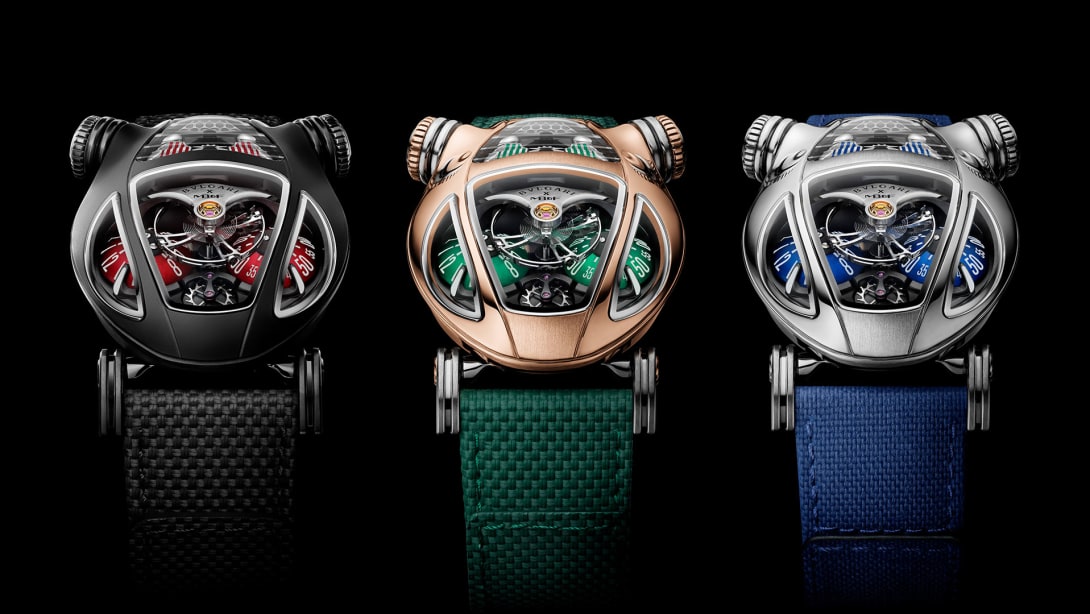 Bvlgari x MB&F Serpenti watch with rose gold openwork case and green rubber strap, side view.