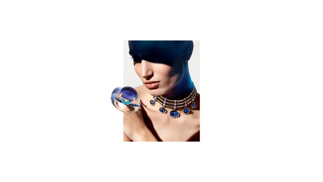 Tanzanite Falls Necklace enhanced by diamond and lapis lazuli accents, Polychroma High Jewellery collection.