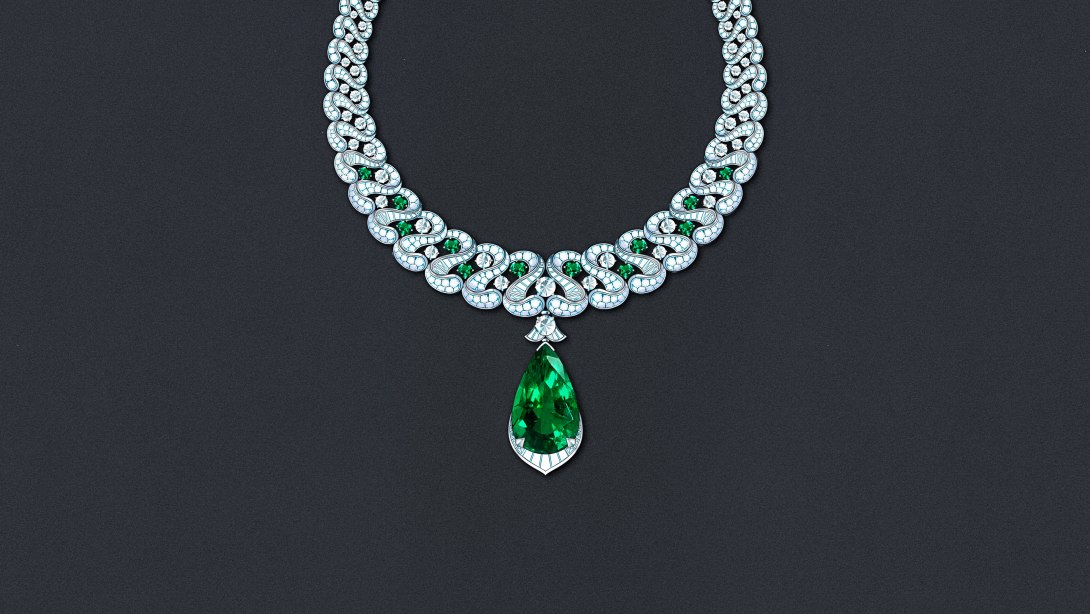 Sketch of Emerald Exuberance Necklace, Polychroma High Jewellery Collection.
