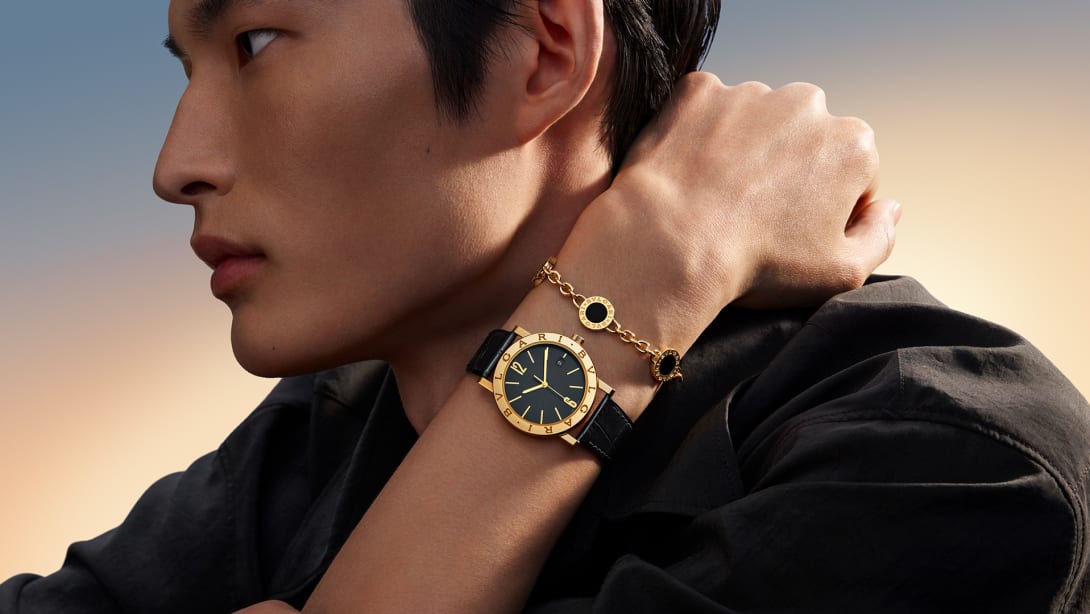 model wearing bulgari bulgari watch and bracelet, Magnificent Icon campaign.