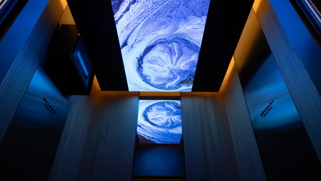 Akiko Nakayama's elevator installations in Bvlgari Hotel Tokyo.