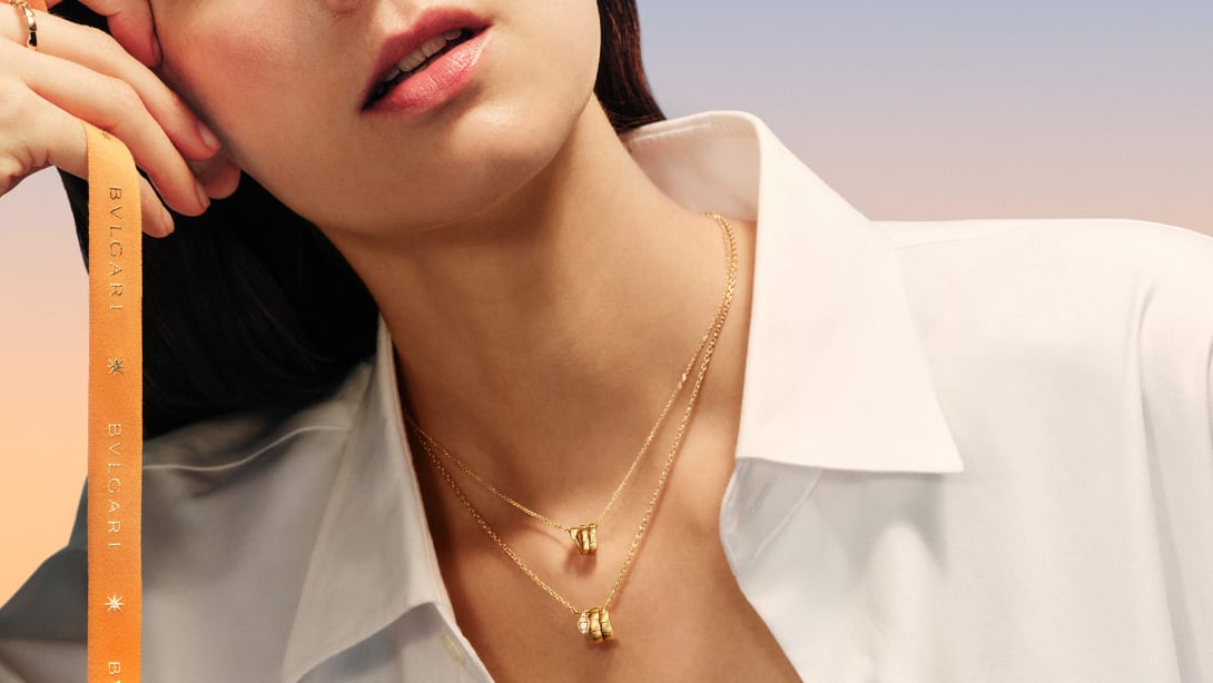 Model wearing Bvlgari necklaces, Valentine's Day Campaign.