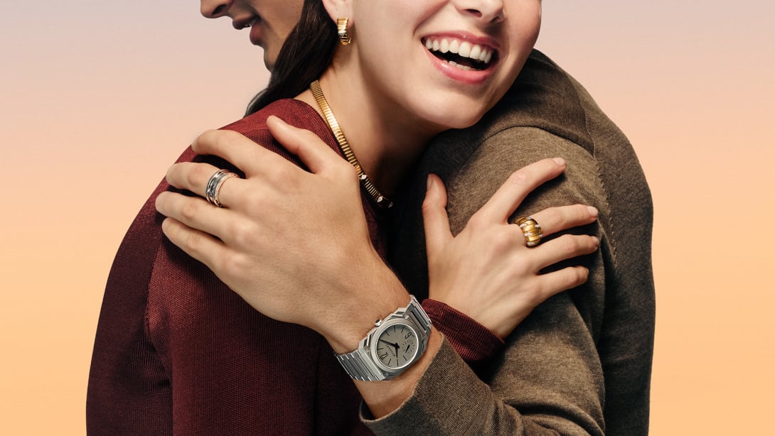 Models wearing Bvlgari watch, Valentine's Day campaign.