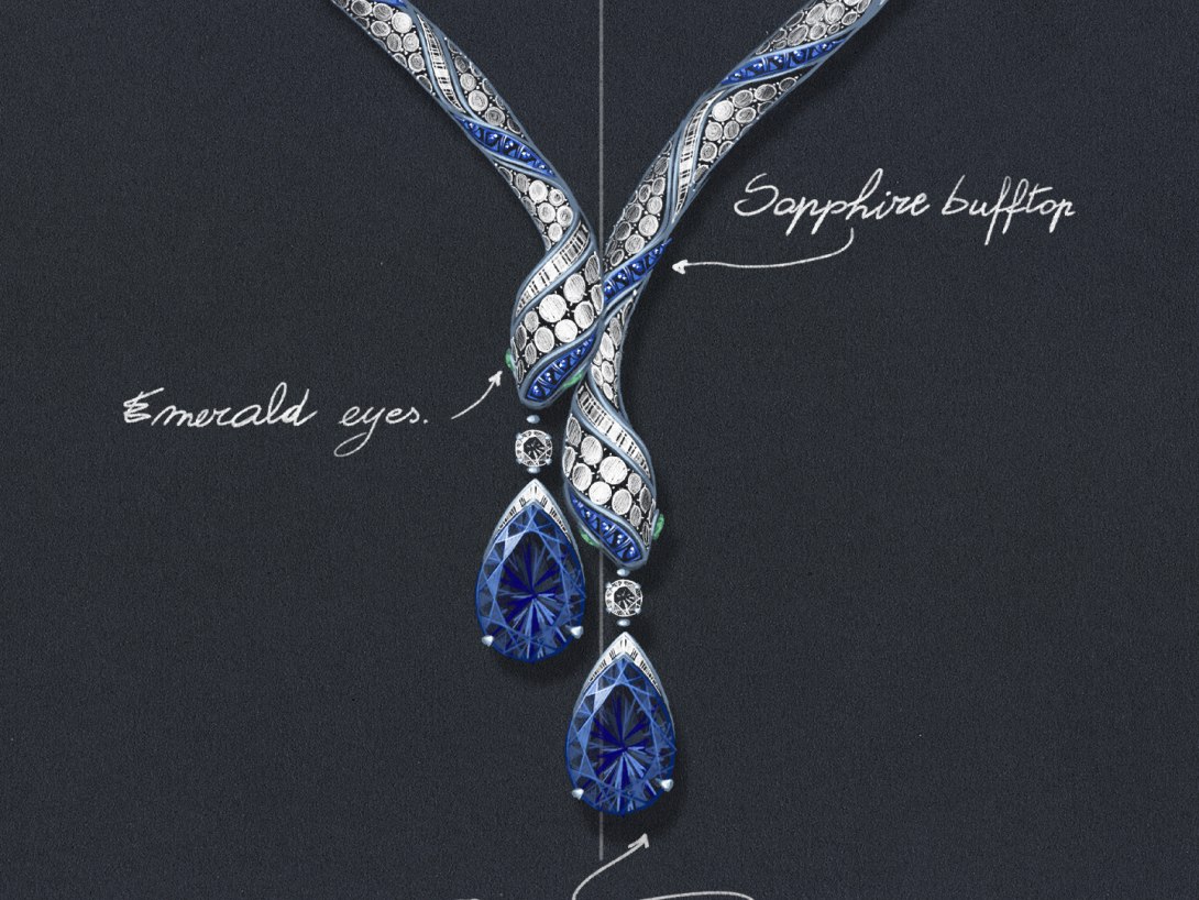 Sketch of The Serpenti Sapphire Echo High Jewellery necklace with sapphires, diamonds and emeralds, close-up.