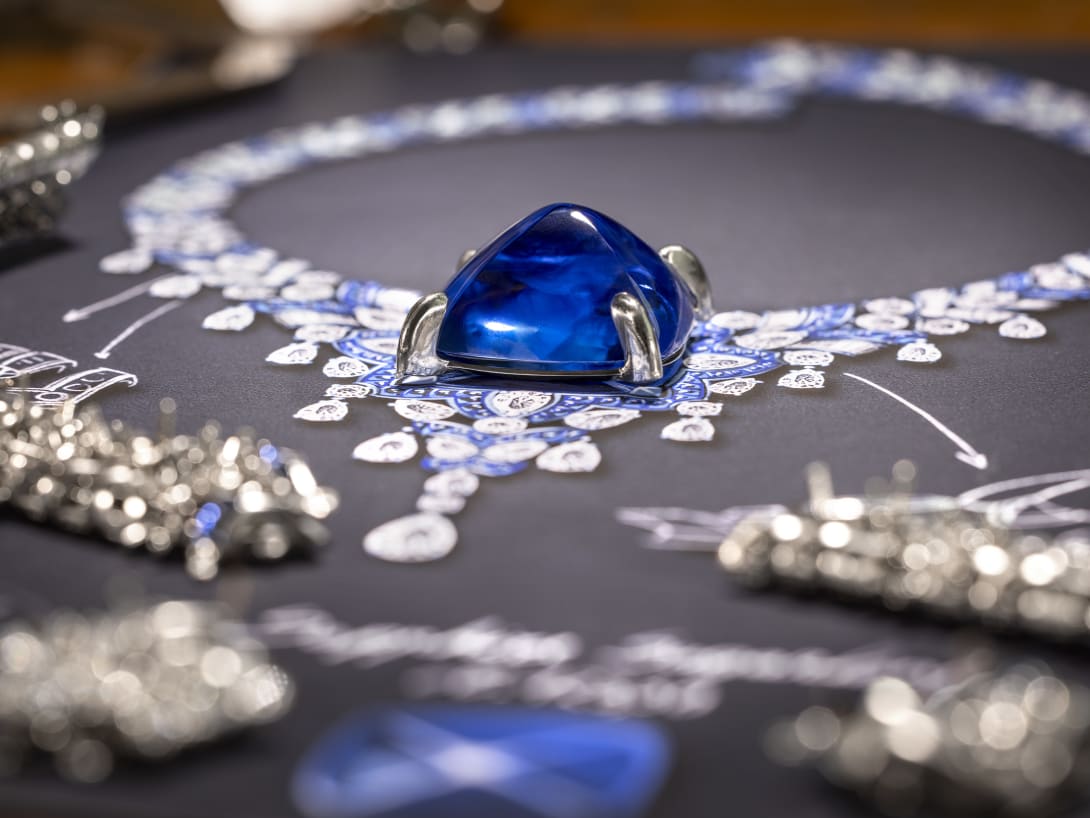 Cosmic Vault Necklace picture with it sketch and sapphire, Polychroma High Jewellery collection.