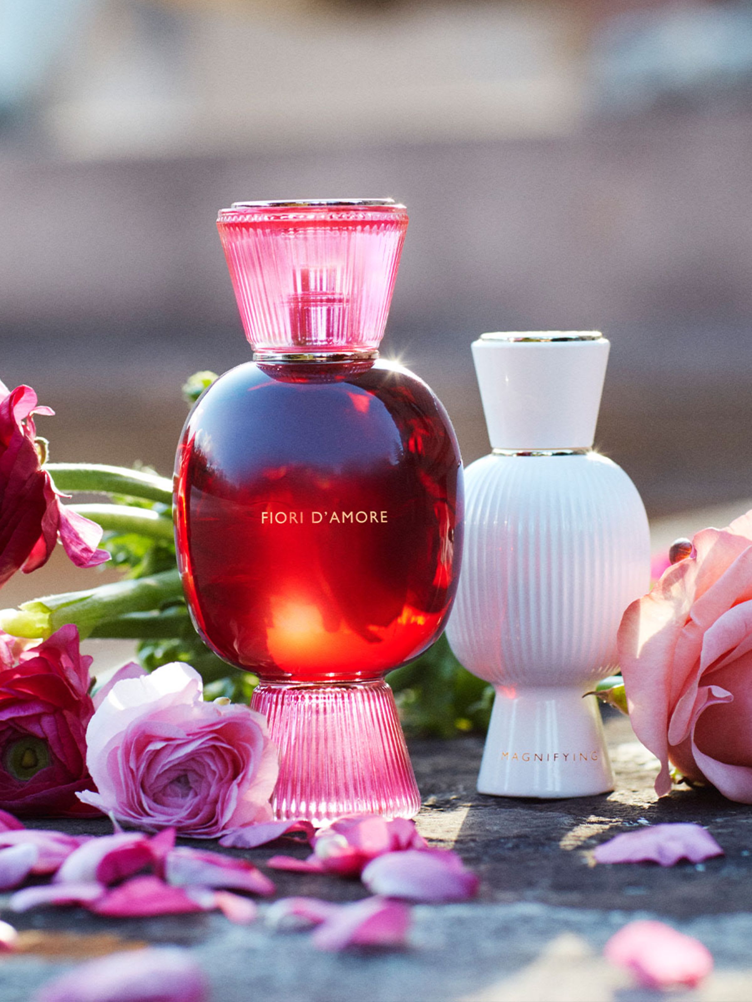 Bvlgari Fiori d'Amore Allegra fragrance flacon in red glass, Bvlgari Allegra Magnifying Essence.