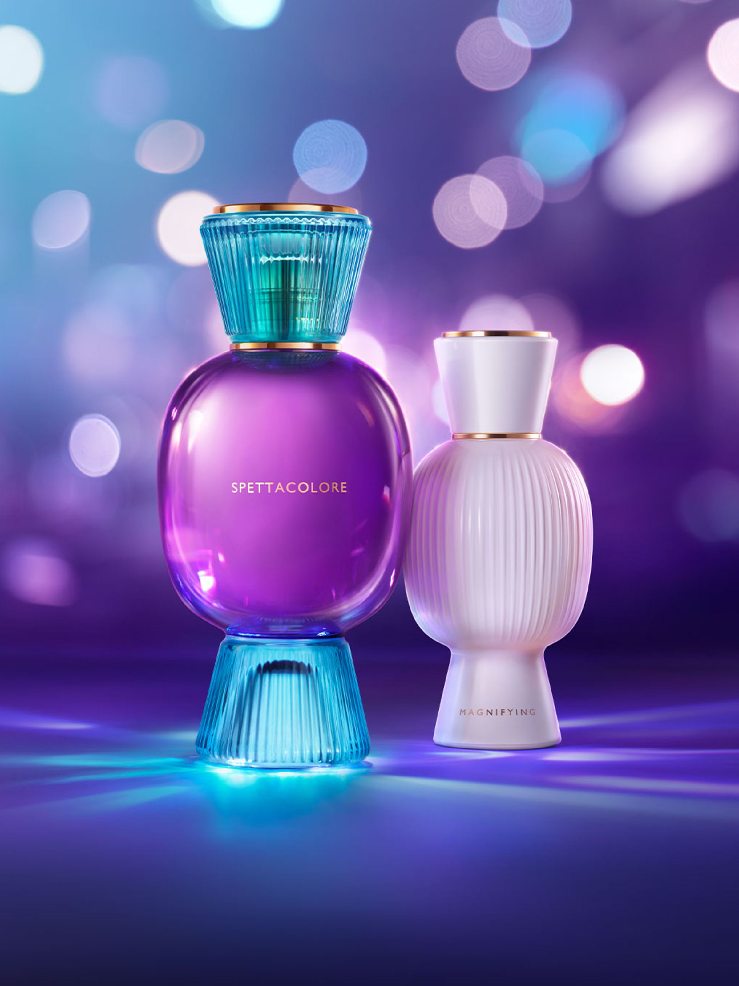  Bvlgari Spettacolore Allegra fragrance flacon in purple glass, Bvlgari Allegra Magnifying Essence all-white flacon.