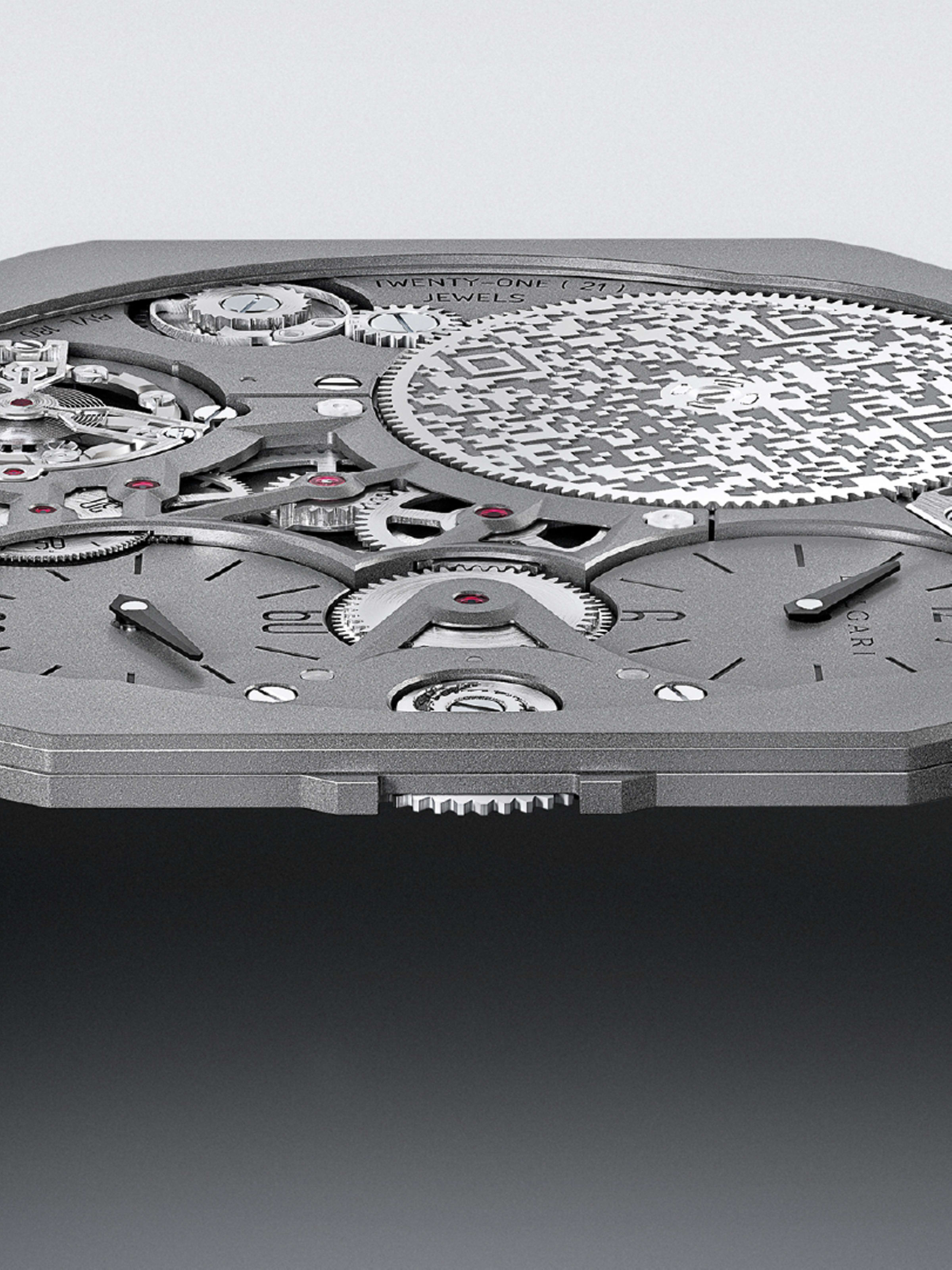 Octo Finissimo Automatic watch in black sandblasted ceramic with extra-thin mechanical manufacture movement. Creative shot.