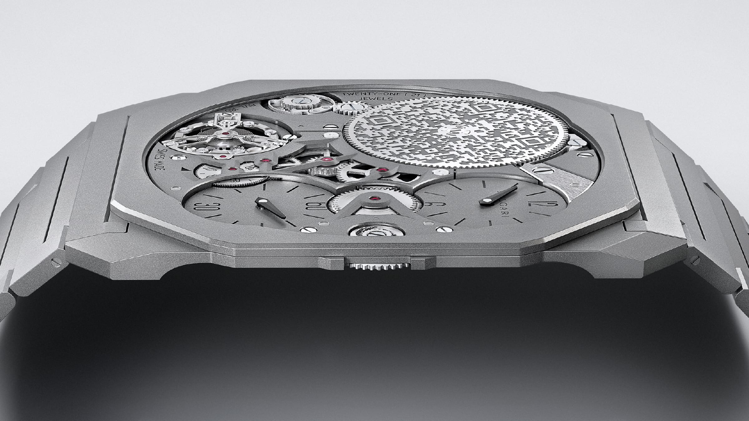 Octo Finissimo Automatic watch in black sandblasted ceramic with extra-thin mechanical manufacture movement. Creative shot.
