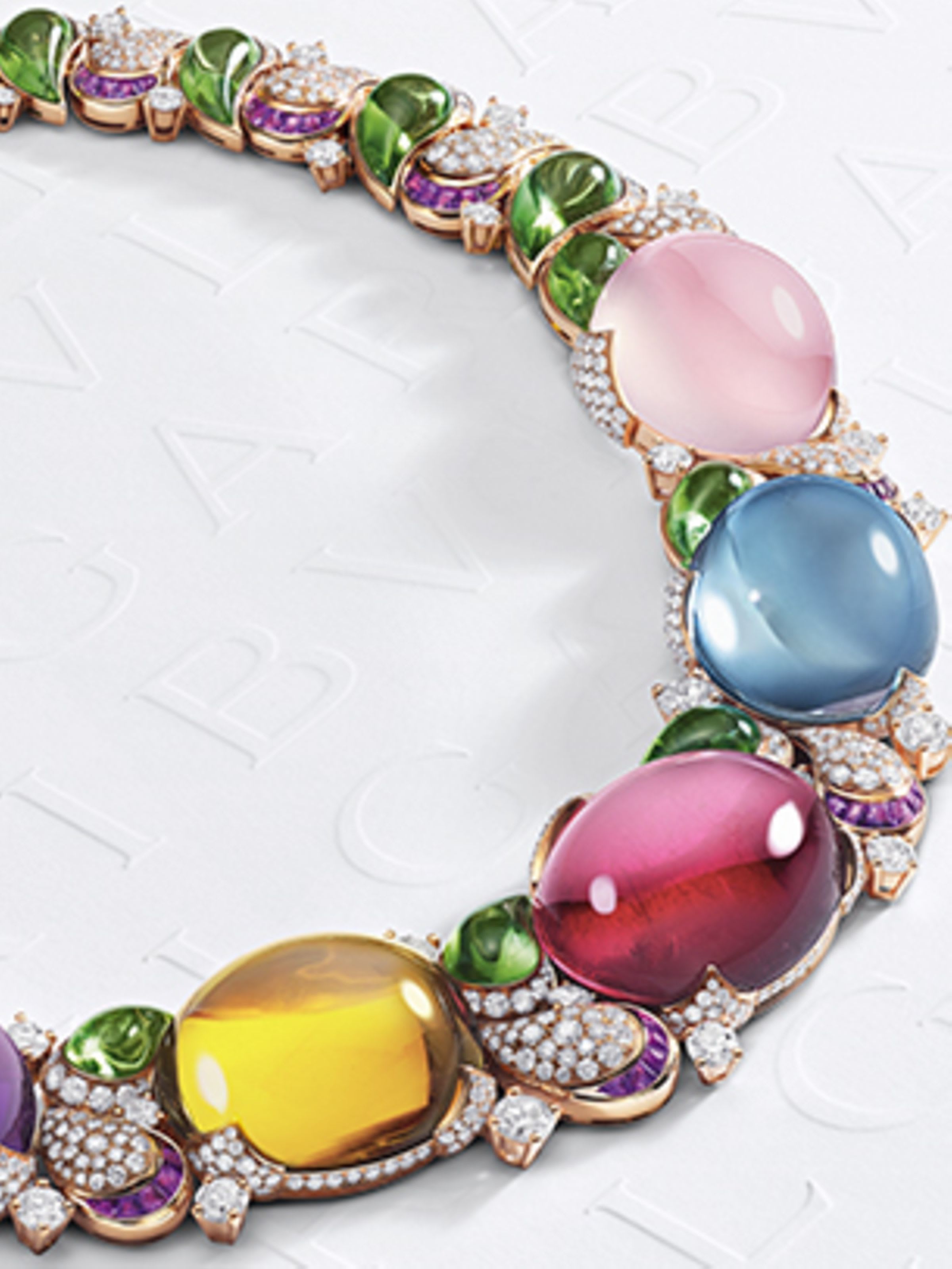 Magnifica High Jewelry rose gold necklace with cabochon amethyst, citrine, rubellite, blue topaz and pink quartz.