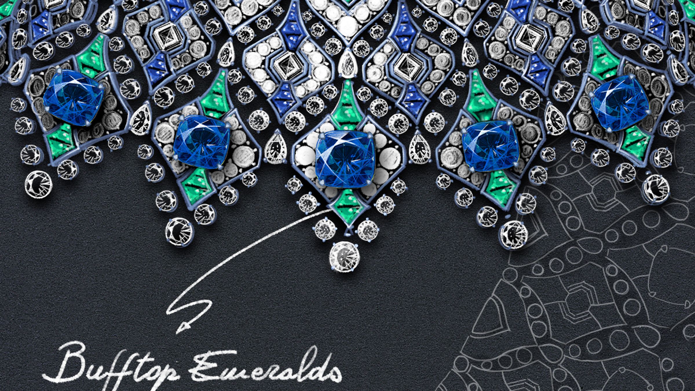 Sketch of The Sapphire Brocade High Jewellery necklace with cushion sapphires, emeralds and diamonds, close-up.