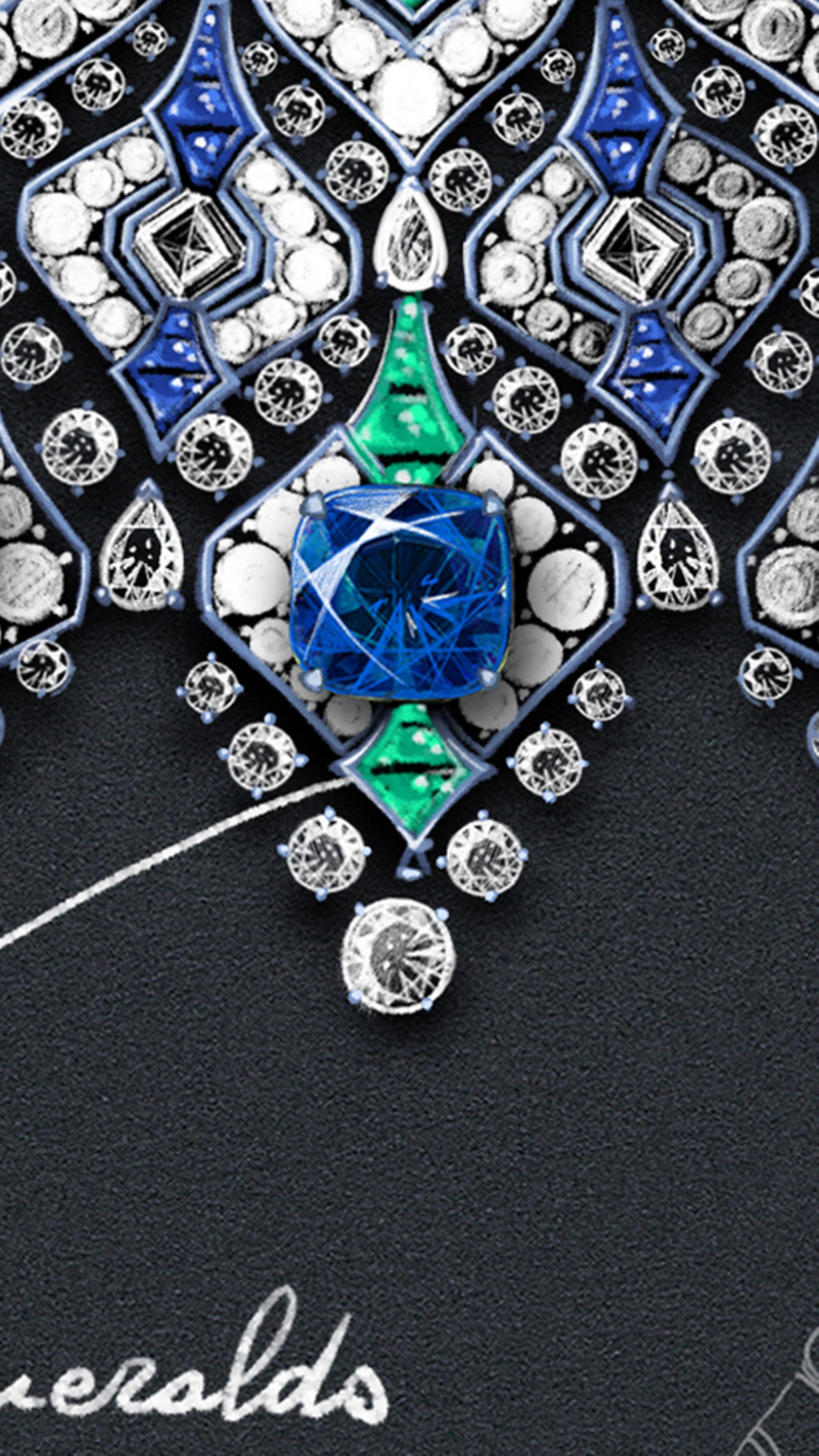 Sketch of The Sapphire Brocade High Jewellery necklace with cushion sapphires, emeralds and diamonds, close-up.