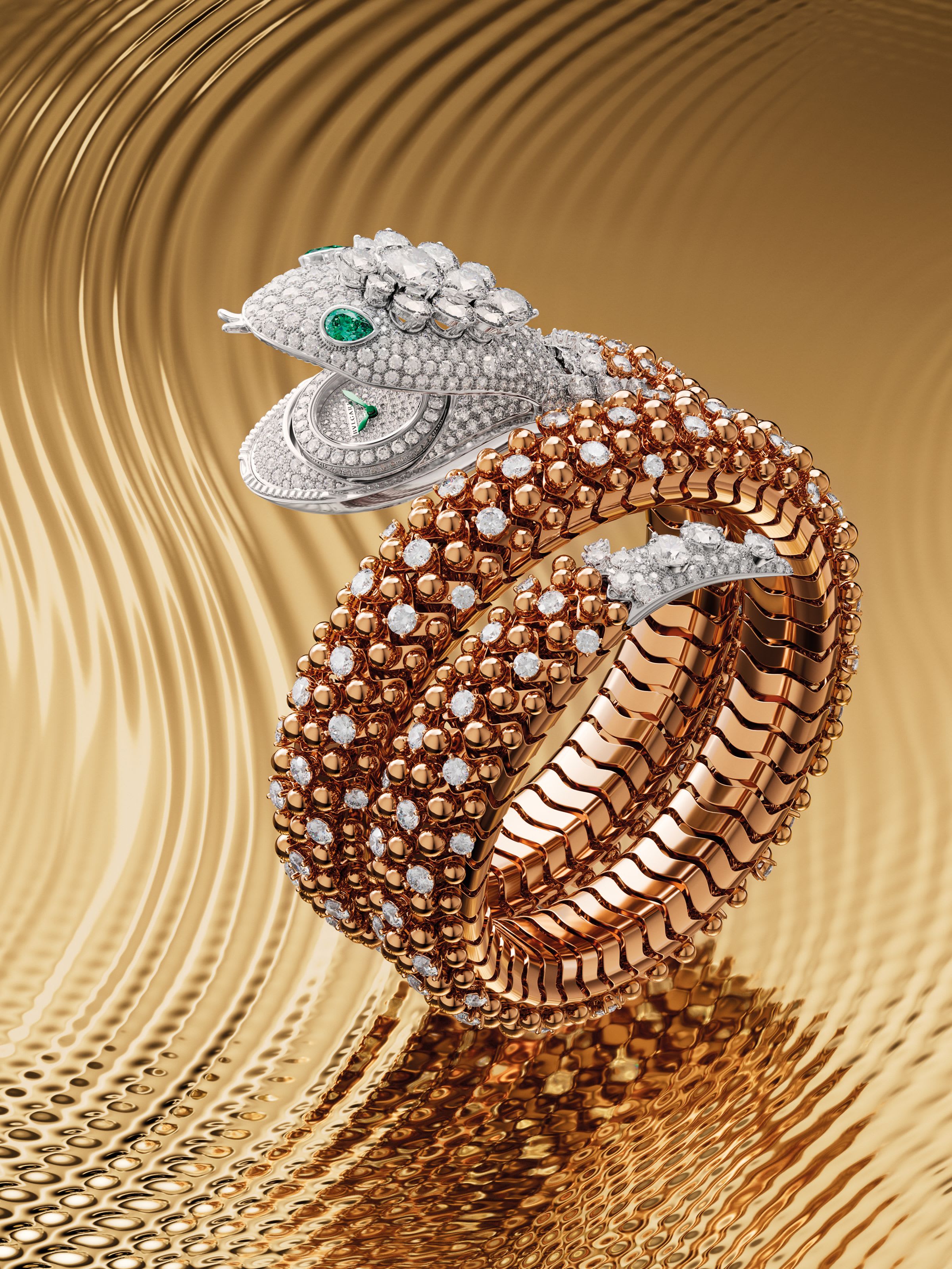 Serpenti Pallini High Jewellery secret watch in rose and white gold with diamonds, creative shot.