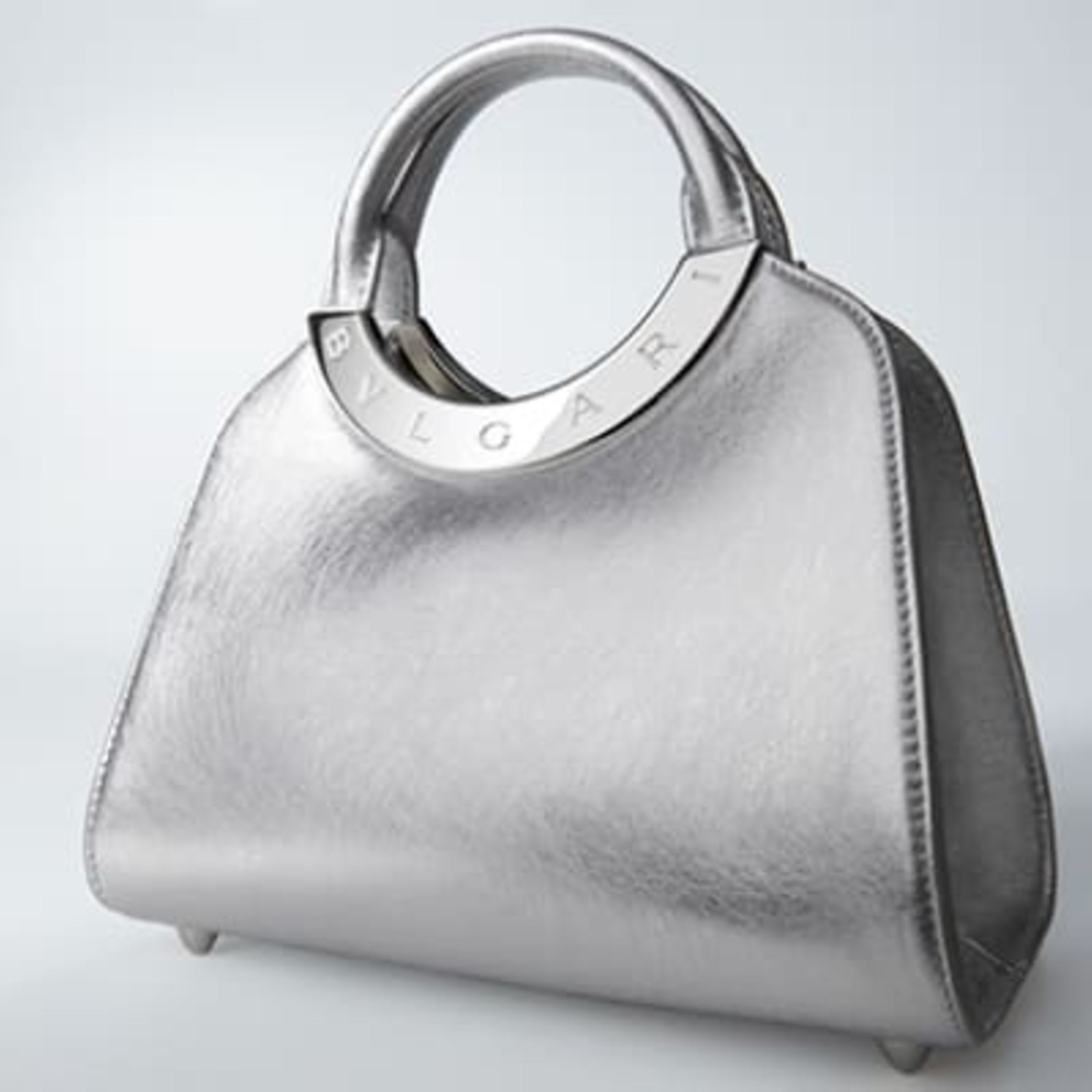 Bvlgari Roma handbag in silver calf leather with palladium-plated metallic Bulgari logo frame.