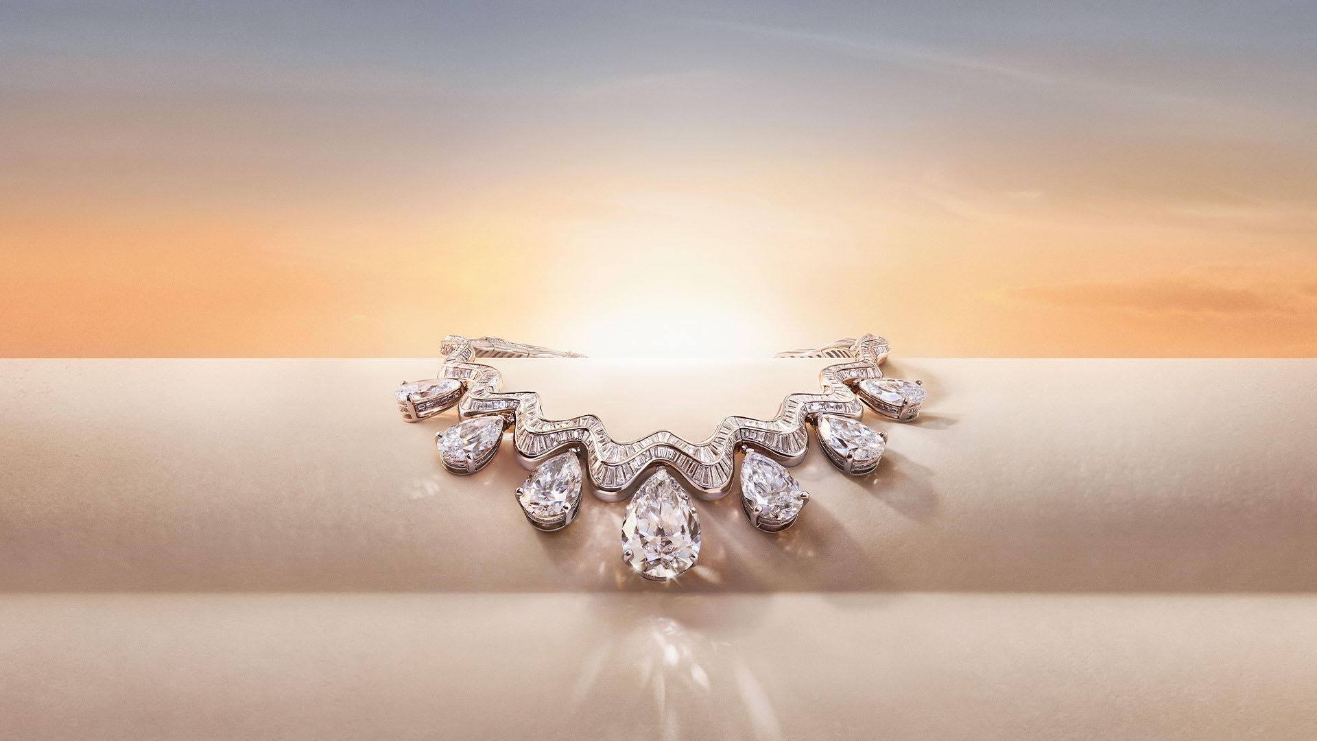 Aeterna High Jewellery necklace with seven flawless diamonds, infinite horizon with sunrise.