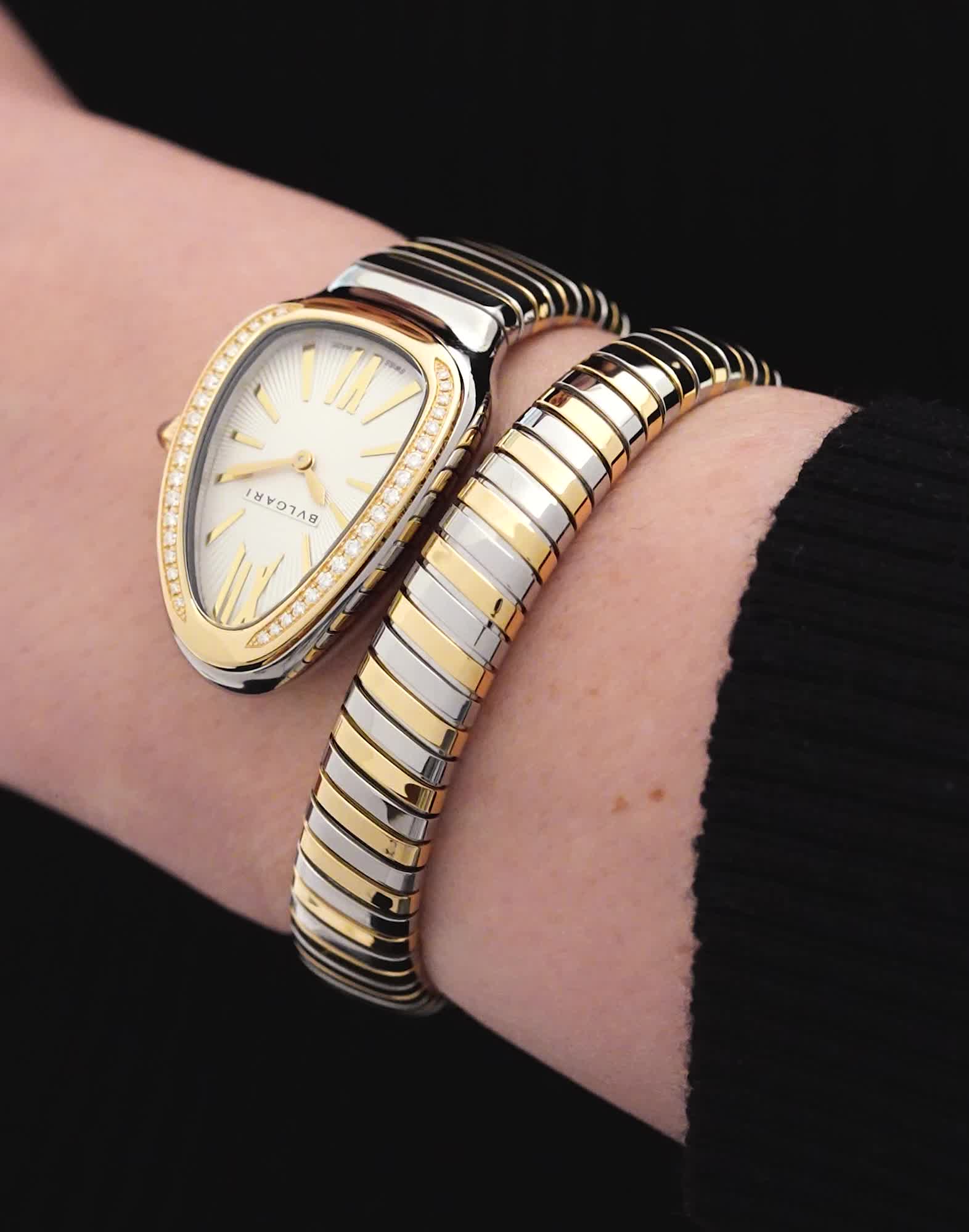 Yellow gold and steel Serpenti Tubogas Watch White with Diamonds