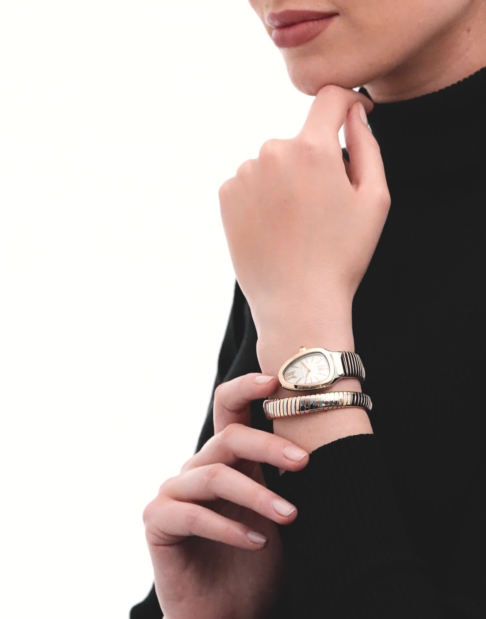 Rose gold and steel Serpenti Tubogas Watch White 103708 | Bvlgari