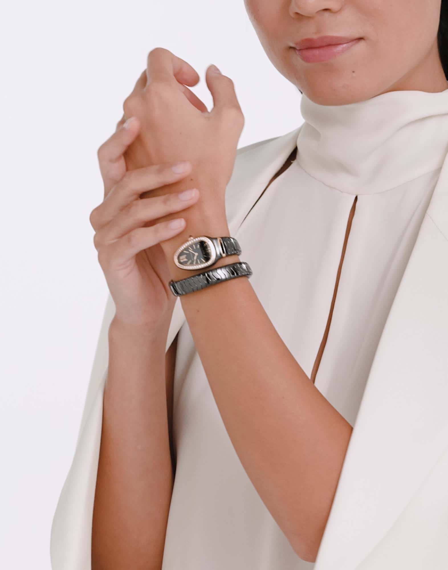 Rose gold, Ceramic Serpenti Spiga Watch Black with Diamonds 102532