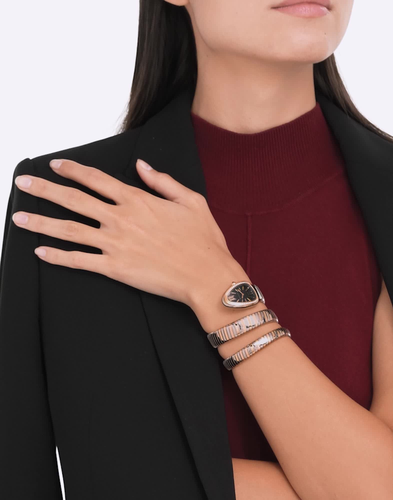 Rose gold, Steel Serpenti Tubogas Watch Black with Diamonds 102099